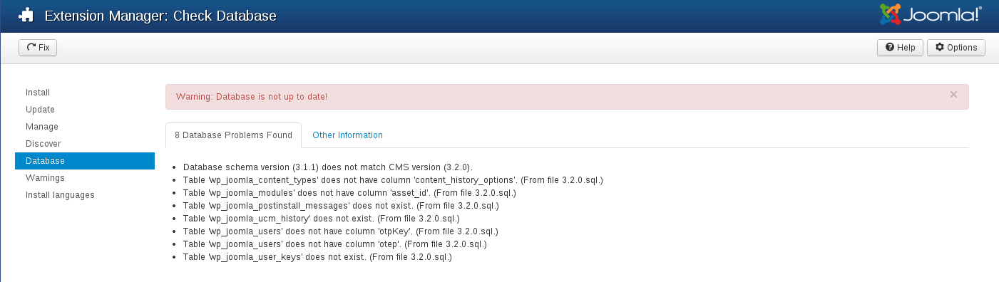 Joomla database not up to date