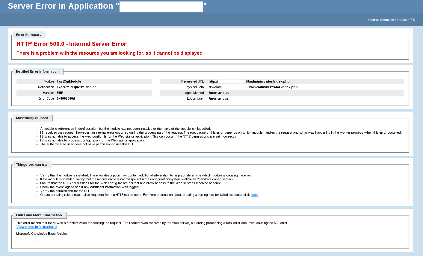 Showing Joomla's HTTP 500 detailed errors in IIS