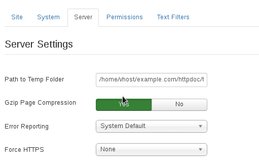 how to enable gzip compression in Joomla through the Server Settings screen