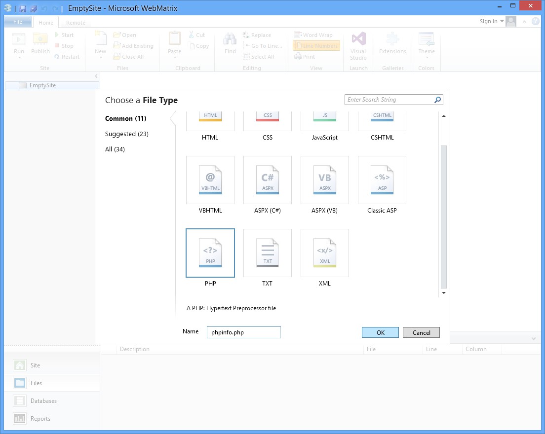 WebMatrix3  Create New PHP File