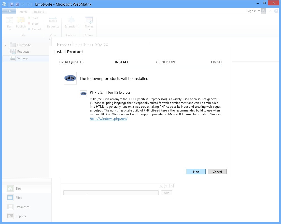 WebMatrix3 Install PHP 5.5 Step 1