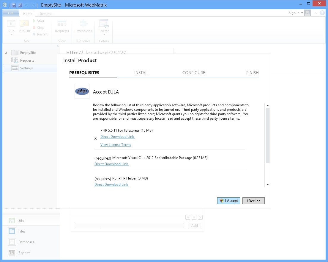 WebMatrix3 Install PHP 5.5 Step 2