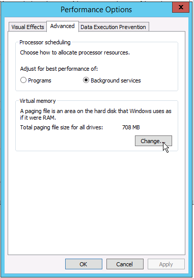 click advanced in Windows Server Performance Options to change pagfile settings
