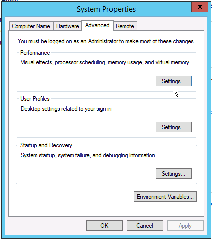 to change Windows pagefile settings click performance in Windows Server Advanced System Properties