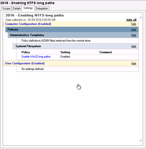 'this screen is a settings overview for the created GPO "Enable Win32 long paths"'