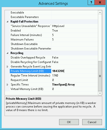 WSUS Application Pool IIS Advanced Settings