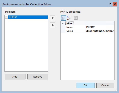 EnvironmentVariables Collection Editor - Add PHPRC environment variable to FastCGI