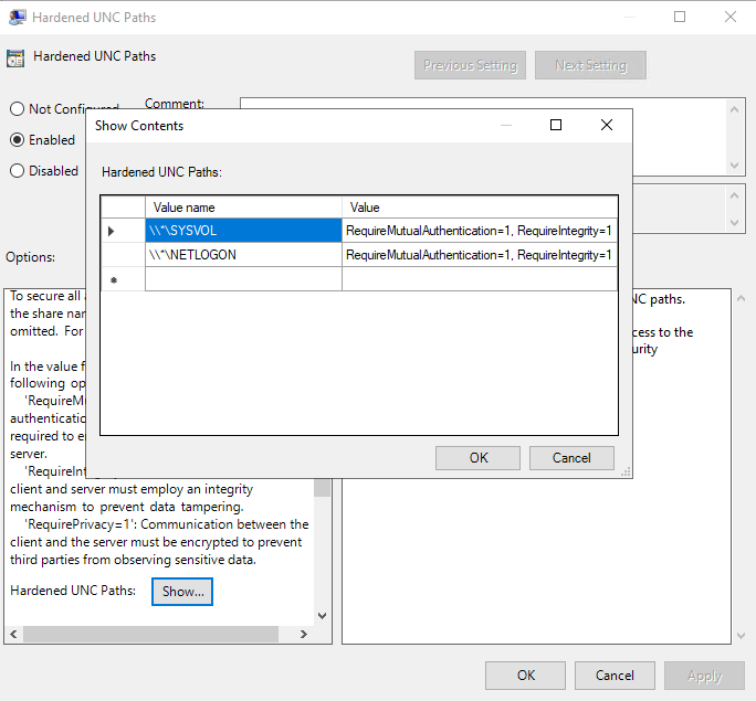 Hardened UNC Paths for NETLOGON and SYSVOL