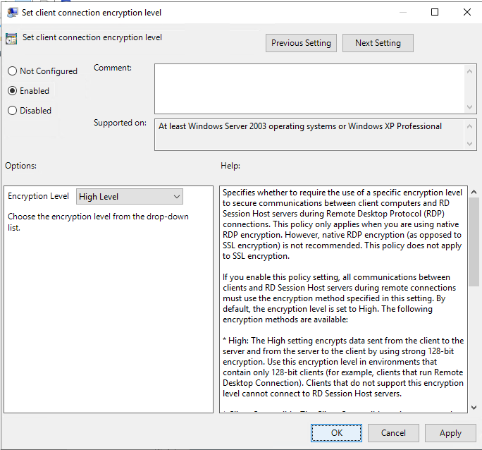 High Level client connection encryption for RDP