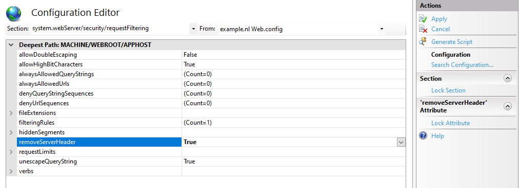 IIS Configuration Mananger set removeServerHeader value to true