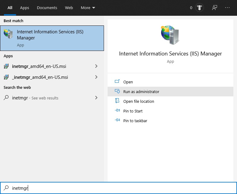 Start Internet Information Services (IIS) Manager in Windows Start Menu