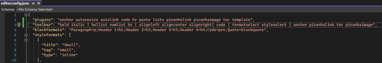 Piranha CMS added additoinal TinyMCE plugins in editorconfig.json