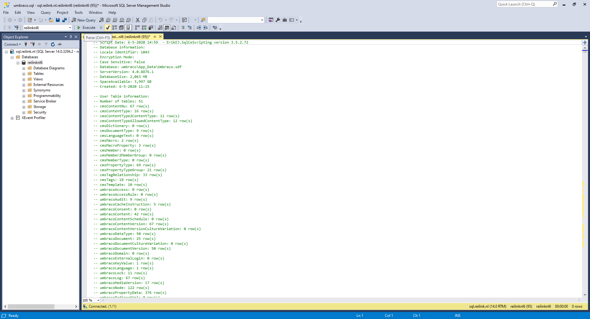 Use the Parse function to validated the loaded .sql file and to see it doesn't contain errors.