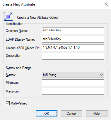 Active Directory Schema new attribute object window and data