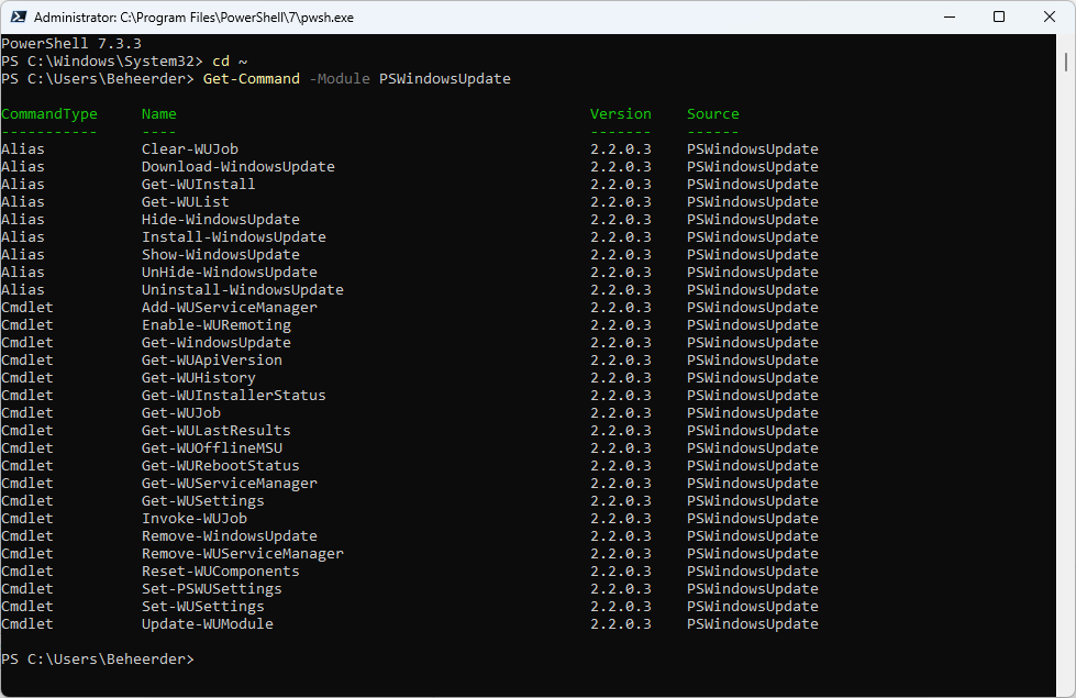 PowerSHell Get-Command PSWIndowsUpdate