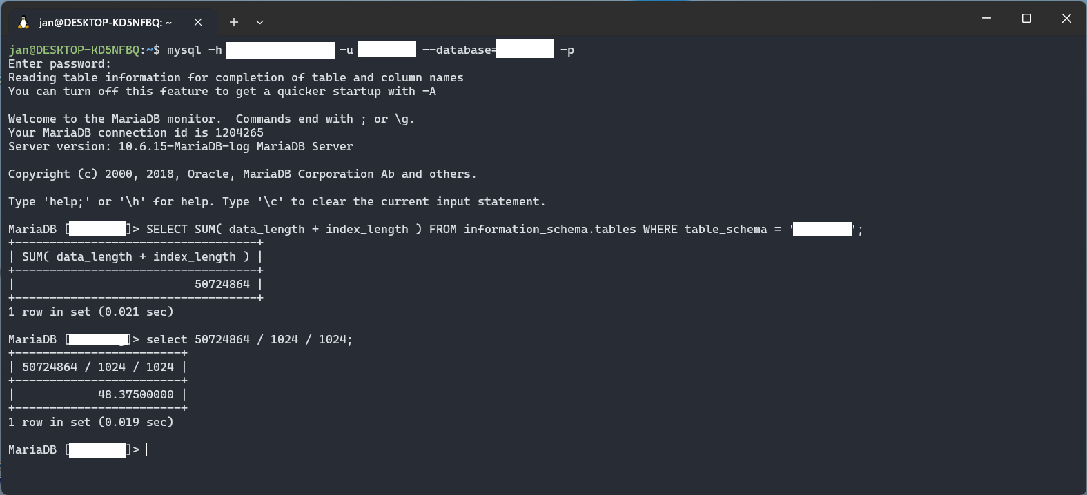 Caluclate MySQL database size by querying  information_schema.