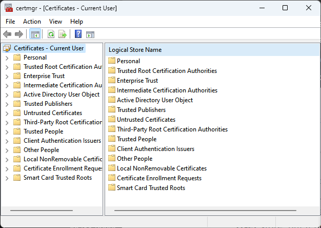 Current User Certificate Store Management Console