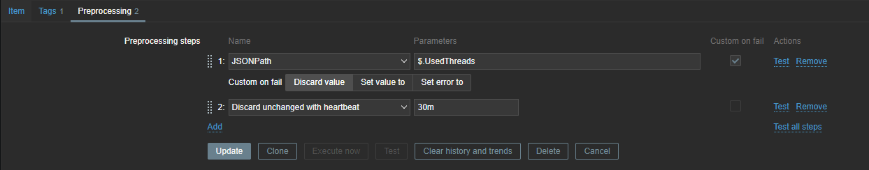 SQL Server UsedThreads monitoring graph in Zabbix