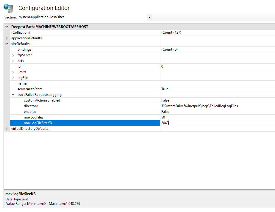 IIS Manager Configuration Editor showing traceFailedRequestsLogging maxLogFileSizeKB value as siteDefaults setting.