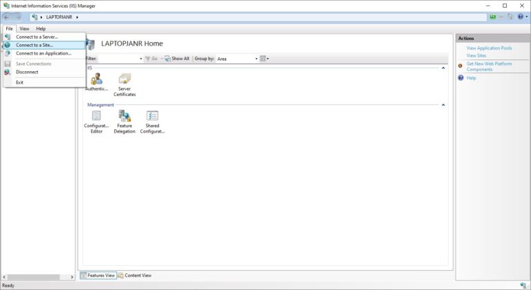 IIS Manager Connect to a Site... menu option
