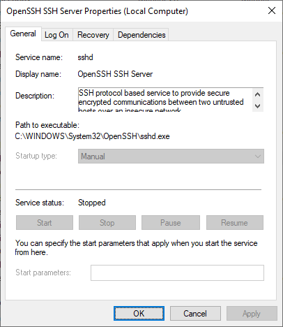 OpenSSH SSH Server Properties in Windows Server