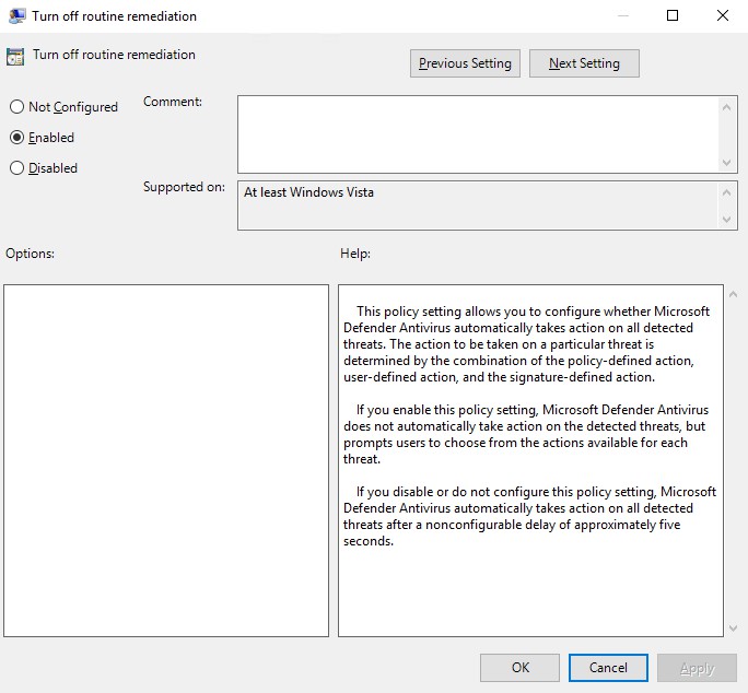 Windows Defender DisableRoutinelyTakingAction GPO